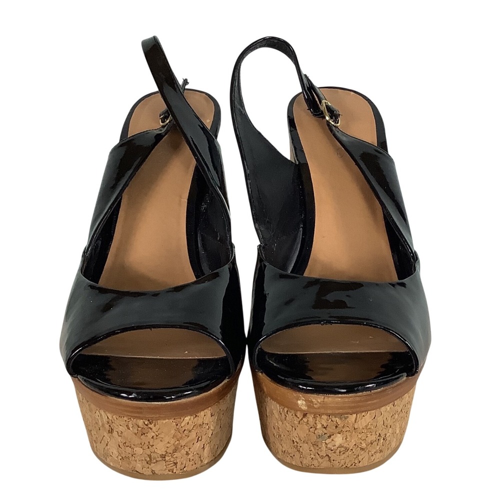 Bakers Black Patent Cork Platform Wedge Sandals Peep Toe Slingback Womens 11M